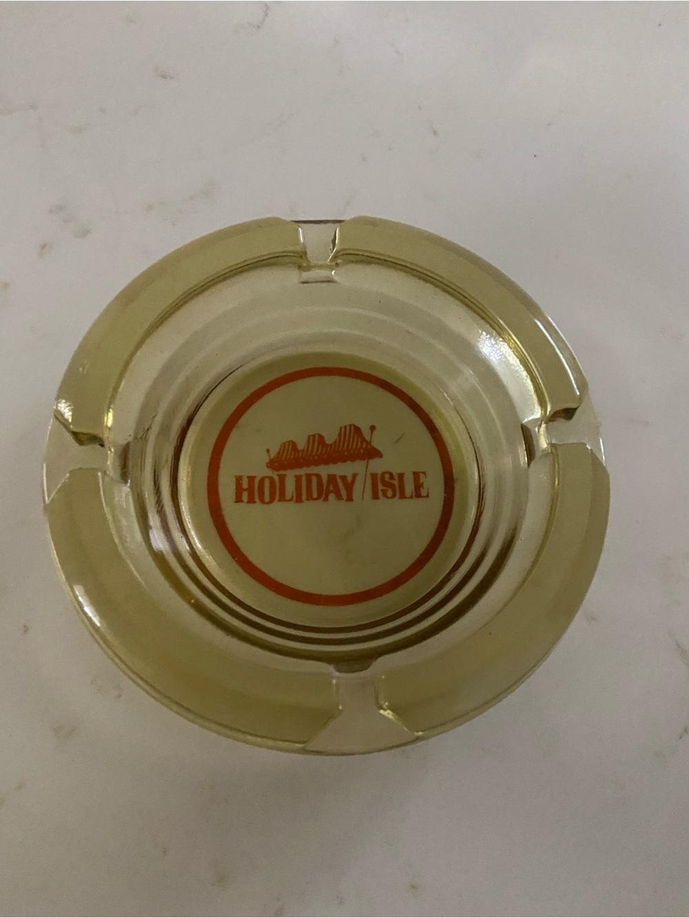 HOLIDAY ISLE Amber Yellow Mid-Century Souvenir Glass Ash-Tray